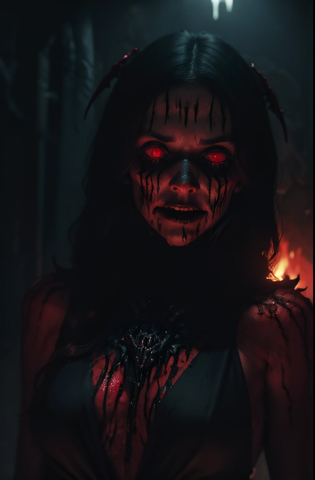 a terrifying mental image of a female figure of pure evil immersed in a hideous and hellish environment, obscure place coming from hell, dark ritual, appearance like a demon with sinister glowing eyes that evoke instant terror, evil beast, fiend, demon, abyss, infernal, nether, damnation, hellish attire that exude an evil glowing aura, flesh, bones, skull, blood, environment around as a hellscape, distorted shadows, agonizing, obscure, terrifying nightmare, horror, demonic presence, gore, grume, slaughter, carnage, butchery, highest quality, 4k, best composition, depth of field, bloom, lens 1.8, 25 mm, masterpiece