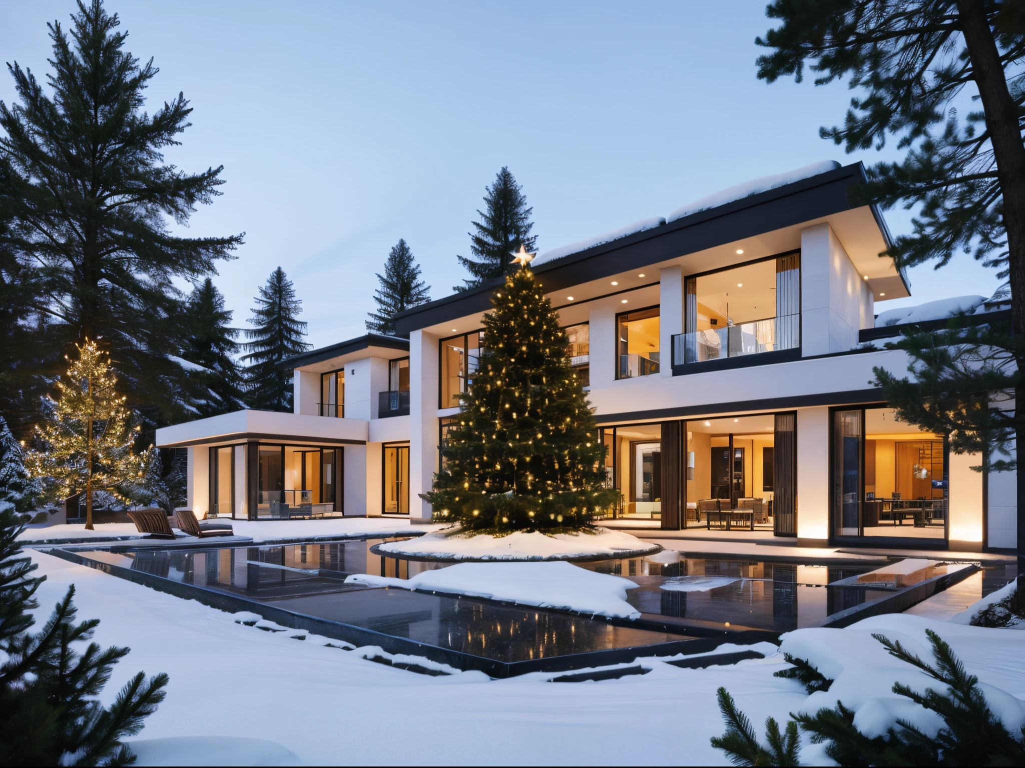 a villa modern, style Christmas, Christmas tree, glass window, snow, (pointed roof)