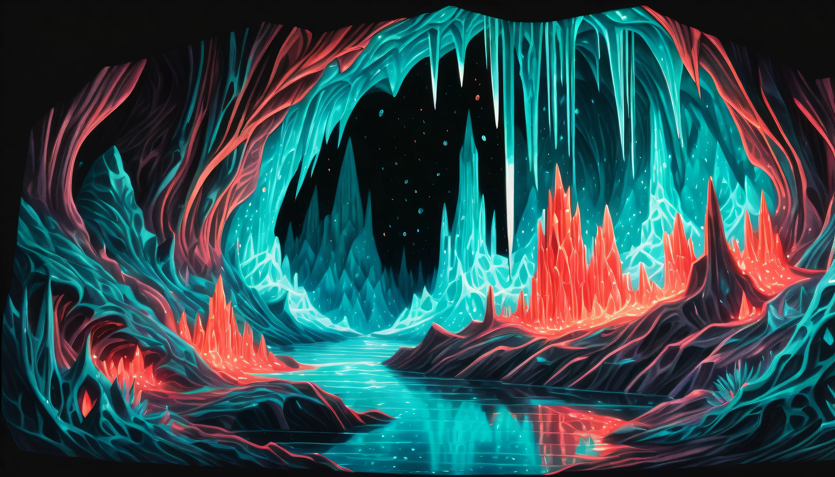(((Crystal cave dark fantasy gouache painting with river echoes flowing through intricate details:1.4))). (((This bioluminescent crystal:1.2))), Art that mixes elements of cutting, The walls of the crystal cave are decorated with sparkling crystals, An atmosphere full of fantasy and mystery. dark cyan red crystal, dark cyan azure crystals, dark cyan white crystal、Leads to a hidden treasure guarded by a stunning magical wave wolf statue。, The cave carved with many dark fantasy style intricate details, Wings painted in bright cosmic colors and、The eyes of a bat that shine like another world, Gives a mysterious and ancient atmosphere, (((Otherworldly illustration rendered in dark fantasy style with a realistic touch, grunge coating:1.3))), glittering effect, wonder and adventure, Stunning detail. masterful illustration, Fusion of delicate texture and precise details, Unique exaggerated detail effect, Masterpiece Quality, (((Amazing masterpiece quality due to the combination of ultra-realistic details and highly intricate details Beautiful details shine:1.3))), (((Unparalleled sharpness and clarity:1.1))), (((Radiosity rendered in stunning 32K resolution:1.3))), (((All captured with sharp focus:1.2))), (((Highest Quality:1.3))), (((hightquality:1.2))),
