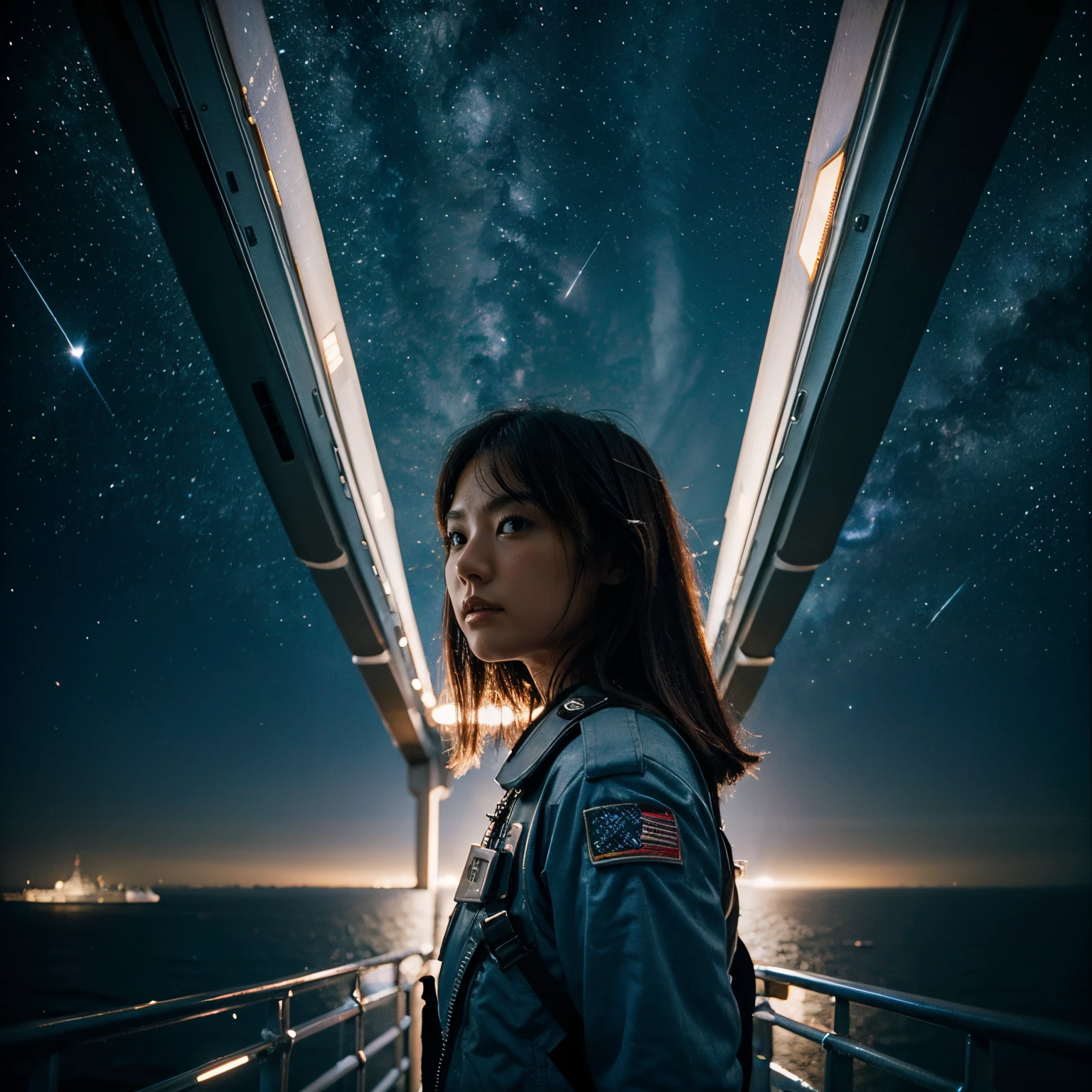 starship, pilot, bridge of ship, Japanese girl, galaxy, outerspace