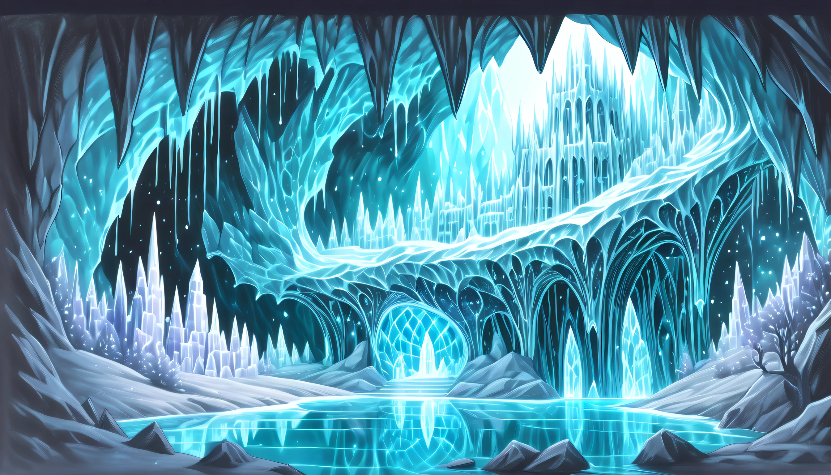 (((Crystal cave with river echoes in wireframe sketch, Added dark fantasy gouache paintings:1.4))). Art that mixes elements of cutting, The walls of the crystal cave are decorated with sparkling crystals, An atmosphere full of fantasy and mystery. dark cyan red crystal, dark cyan azure crystals, dark cyan white crystal、Leads to a hidden treasure guarded by a stunning magical wave wolf statue。, The cave carved with many dark fantasy style intricate details, Wings painted in bright cosmic colors and、The eyes of a bat that shine like another world, Gives a mysterious and ancient atmosphere, (((Otherworldly illustration rendered in dark fantasy style with a realistic touch, grunge coating:1.3))), glittering effect, wonder and adventure, Stunning detail. masterful illustration, Fusion of delicate texture and precise details, Unique exaggerated detail effect, Masterpiece Quality, (((Amazing masterpiece quality due to the combination of ultra-realistic details and highly intricate details Beautiful details shine:1.3))), (((Unparalleled sharpness and clarity:1.1))), (((Radiosity rendered in stunning 32K resolution:1.3))), (((All captured with sharp focus:1.2))), Highest Quality, hightquality,