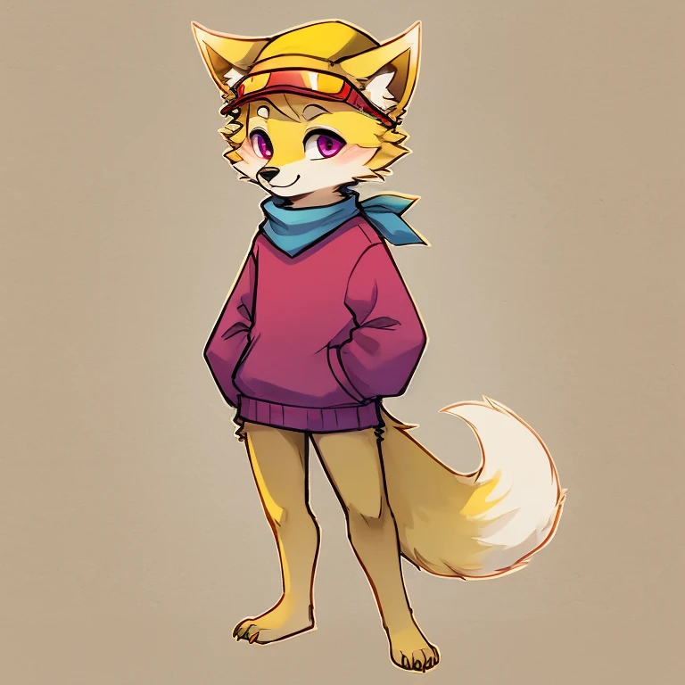(A character), (Fox with yellow fur and white chest), (under the snout is white), (yellow fur), (tip of the tail white), (wears a magenta sweater), (light blue scarf), ( yellow cap with orange visor), (orange visot), (magenta eyes), (slender and fit body), (appears apparently thin but strong), (relaxed expression), (male), (medium height), (solitary), (solo), (white eyebrows), (yellow legs), (yellow hat), (golden fur), (golden yellow fur), (small dark yellow claws), (4 toes on his paws), (magenta eyes), fluffy, (fluffy fur)