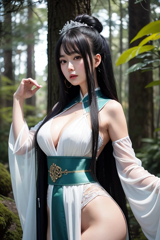 Super detailed characters,Depicts a 25-year-old woman wearing a sheer, transparent silk Hanfu,Immerse yourself in ultra-detailed forest environments,Towering trees background,Her hair black and shiny,The cleavage protrudes,Half leak,Presents a very dynamic effect。The picture full of color,Use real photography art,Added motion effects。Overall ancient style,screen forward,human body panorama。