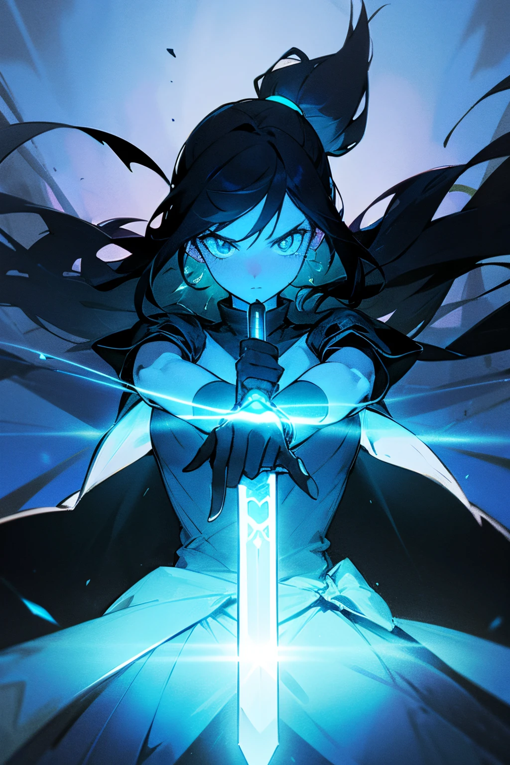 A silhouette of a girl with a two hands sword glowing blue amidst the darkness, the girl is completely dark, silhouette,Shrink your arms, {perfect anatomy} {perfect hands} {perfect face}