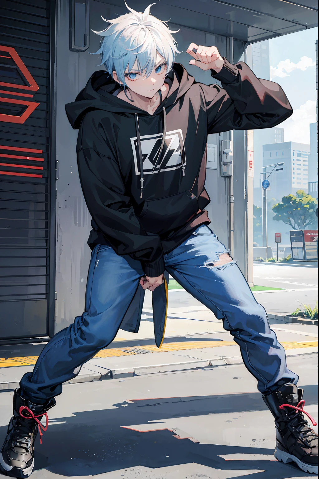 "Generate an image of Cero, a modern and stylish street fighter sporting a mid-taper haircut with a punk-inspired flair. He's clad in a black hoodie layered over a graphic tee, complemented by baggy torn jeans and combat boots. The scene is set against a gritty urban backdrop, with Cero exuding an aura of confidence and electricity crackling around him."