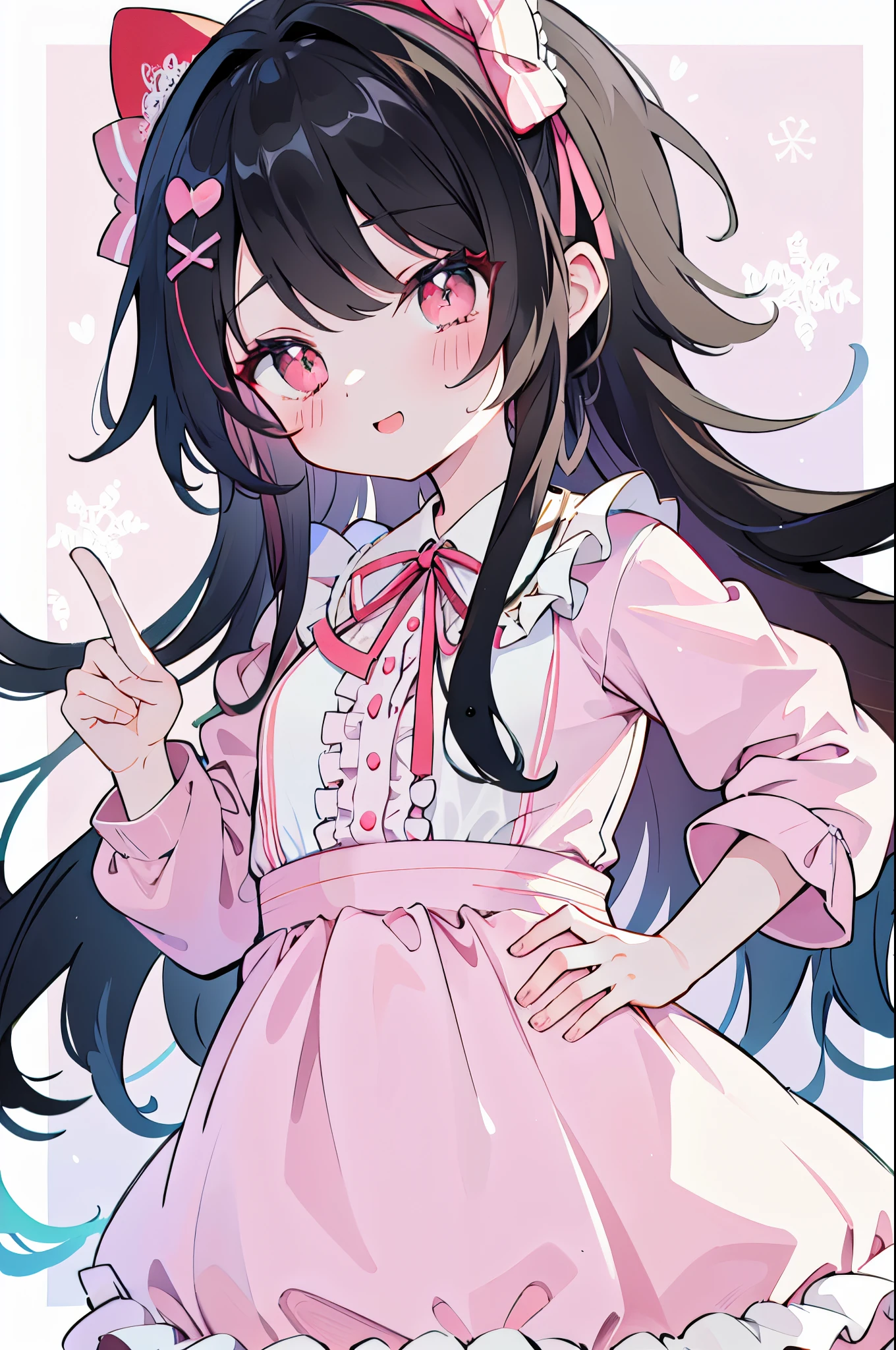 azhiichigo style,dense lines, Cute,,Uecla.Khoico,Upper body,Kawaii Style,1girl in,consistency,Naughty face,Smile,Wavy Hair,Dark hair,Crimson Eye,(Clothing with a lot of frills, Lace and ribbon:1.2),(Pastel Color Style:1.1),put hands on the hip,Cheeky face,White and pink clothes,Best Quality,masterpiece,Very small breasts,crouching down