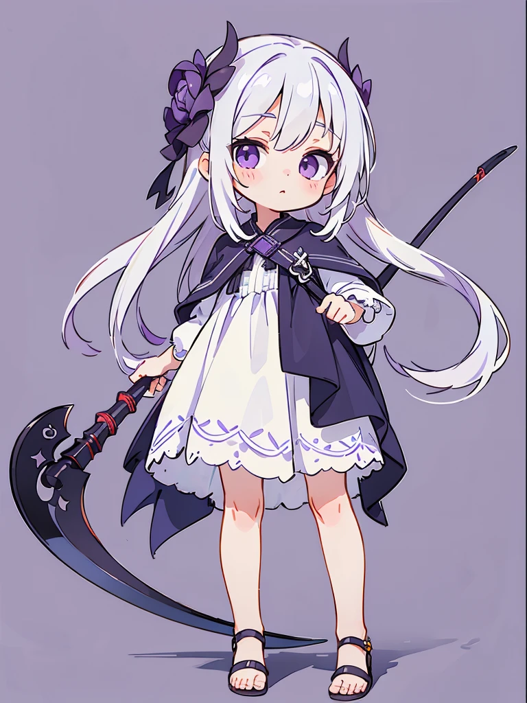 (masterpiece), (detailed), (detailed face), (detailed eyes) simple background, 1young girl, (child), (loli), purple eyes, eyes have light, standing, 1 black scythe toe, white hair, long hair, white dress, full body, (solo), ((realistic))