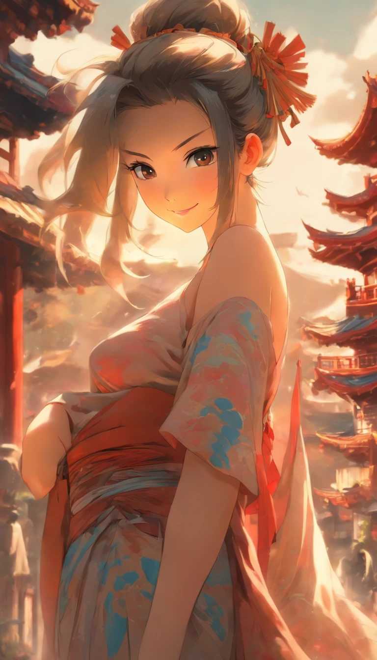 {{Masterpiece, Best quality, Extremely detailed CG, Unity 8k wallpaper, Cinematic lighting}}, Traditional Chinese Ink Painting, 1girll, 1baby, Young woman holding baby, full bodyesbian, Ancient architecture, Blue sky, Sunny day, wooden building, Outstanding protagonist, Smile, Big eyes, Beautiful detailed eyeig breasts, cleavage), round ass, Looking at the audience, Long eyelashes,
