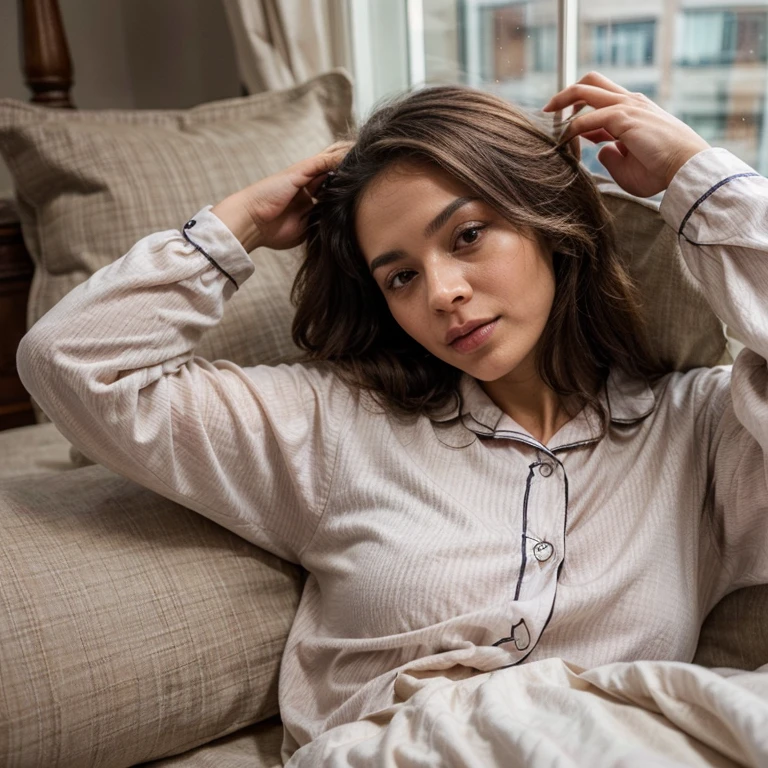 1 23-year-old light-skinned woman lying face down in pajamas