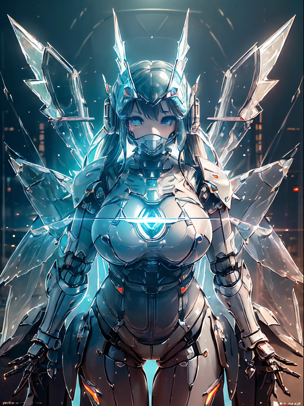 NSFW, top-quality, masterpiece, Super high resolution, (Photorealsitic:1.4), Raw photo, Steampunk Battle Cyborg Angel, (White porcelain body, Acrylic Clear Cover, Glowy skin, 1 Cyborg Girl:1.4), (Big boobs:1.5), (Futuristic mask that covers the mouth, Mechanical large wings, Robot girl, Robot body, Robot skin, Robot arms, Robot legs:1.8), (Voluptuous, Plump, Chubby:1.5), Thick thighs, Big ass, The ultimate beautiful girl at , Very beautiful young girl, Very beautiful face, Proportioned face, Shadow, portlate, globalillumination, octan render, 8K, ultrasharp, character edge light, Raw skin is exposed in cleavage, Details of complex ornaments, Sumerian details, Hydraulic cylinder, Small LED lamp, highly intricate detail, Realistic light, (Eyes are glowing, Beautiful eyes, Her eyes are big:1.3), neon details, cowboy shot, (full body:1.3), (Futuristic headgear, close-up body, Looking at viewer, Cyberpunk city:1.4)