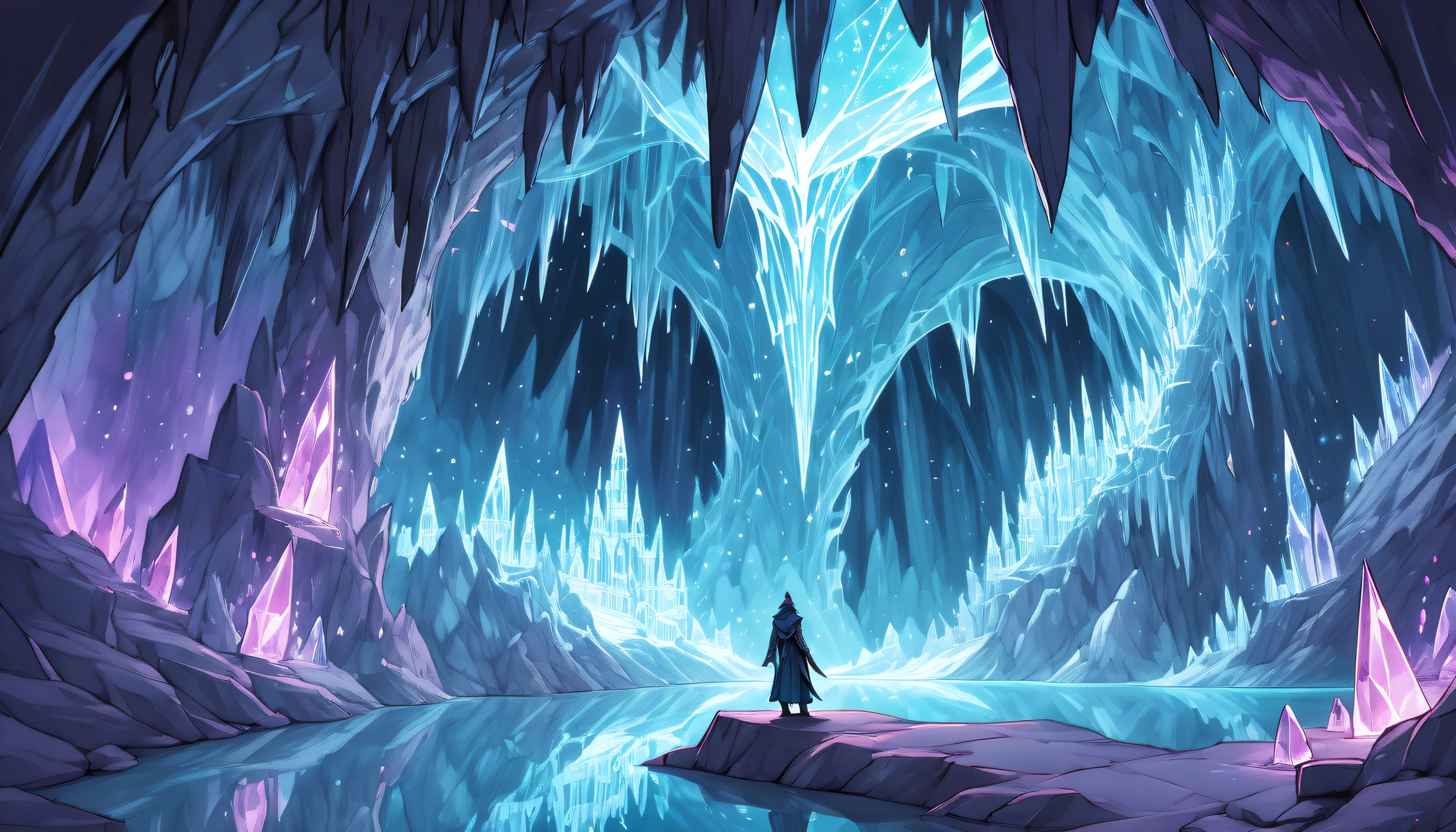 (((Crystal cave with river echoes in wireframe sketch, Added dark fantasy gouache paintings:1.4))). The walls of the crystal cave are decorated with sparkling crystals, An atmosphere full of fantasy and mystery. dark cyan red crystal, dark cyan azure crystals, dark cyan white crystal、Leads to a hidden treasure guarded by a stunning magical wave wolf statue。, The cave carved with many dark fantasy style intricate details, Wings painted in bright cosmic colors and、The eyes of a bat that shine like another world, Gives a mysterious and ancient atmosphere, Otherworldly illustration rendered in dark fantasy style with a realistic touch, glittering effect, wonder and adventure, Stunning detail. masterful illustration, Fusion of delicate texture and precise details, Unique exaggerated detail effect, Masterpiece Quality, Amazing masterpiece quality with a combination of ultra-realistic details and highly intricate details Beautiful details shine:1.3))), (((Unparalleled sharpness and clarity:1.1))), (((Radiosity rendered in stunning 32K resolution:1.3))),All captured with sharp focus, Highest Quality, hightquality,