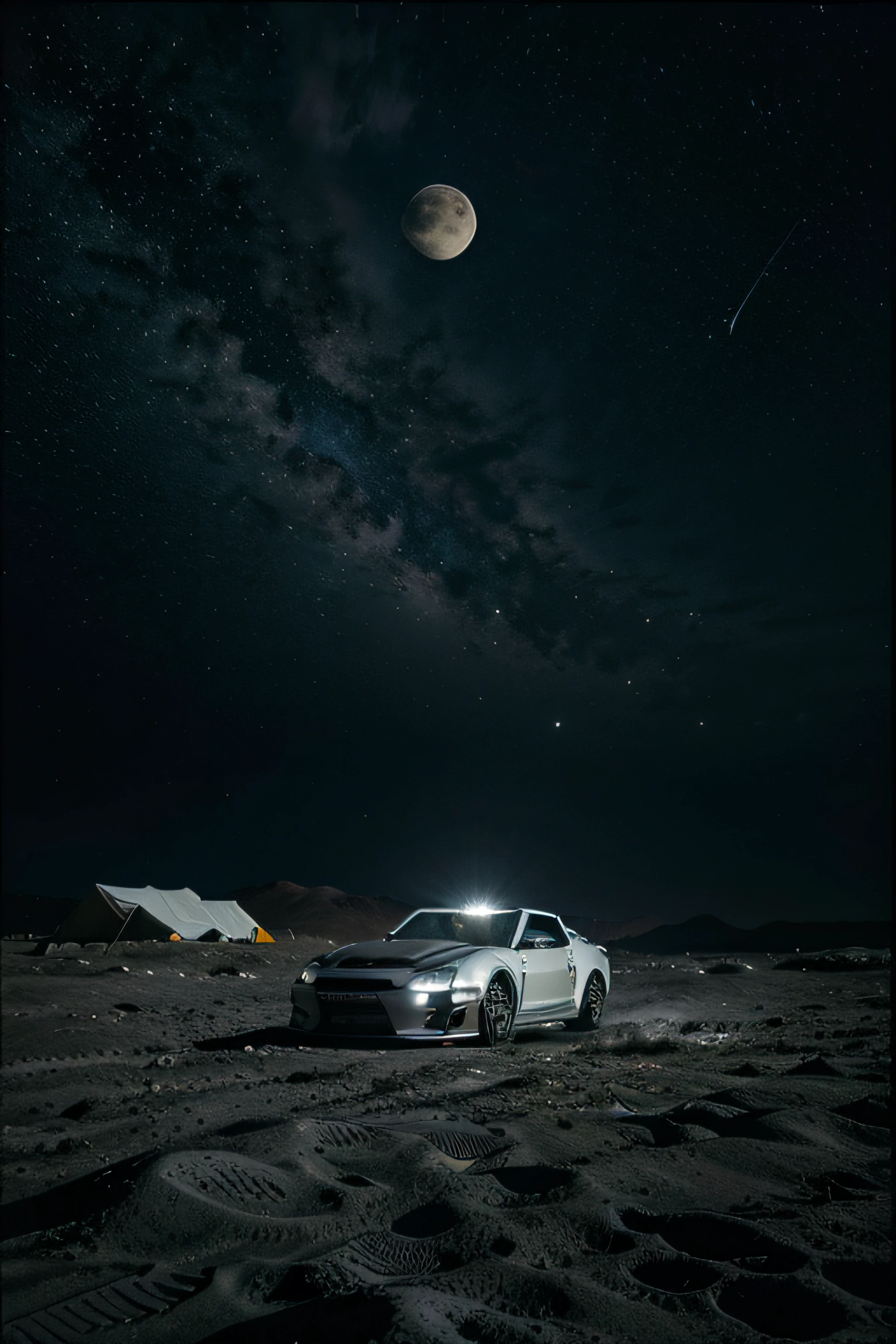 Master Parts、Superior Quality、superior image quality、The 8k quality、Beautiful pictures of the starry sky、magnifica、Arched Milky Way:1.25、Alafed view of Earth from the lunar surface, Lunar surface, space photo, on the moon, moon background, moon background, on the moon, Lunar soil, space photo, moonscape, Focus on the Moon, On Moon, Numerous craters:1.9, Huge Earth in the Sky, Car meet happening with Nissan GTR R35, Nissan GTR R32, Toyota Supra, Toyota Tureno, JDM Cars, Colorful