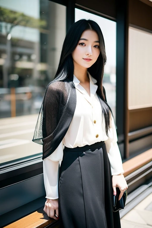 A young Japanese woman with long black hair and delicate features, embodying a blend of traditional and contemporary styles. She has a modern fashion sense, dressed elegantly and sophisticatedly. The setting is an urban backdrop, where she poses with a calm and confident expression. Her style represents a perfect fusion of Japan's traditional beauty and modern trends