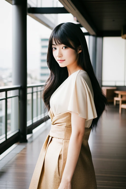 A young Japanese woman with long black hair and delicate features, embodying a blend of traditional and contemporary styles. She has a modern fashion sense, dressed elegantly and sophisticatedly. The setting is an urban backdrop, where she poses with a calm and confident expression. Her style represents a perfect fusion of Japan's traditional beauty and modern trends