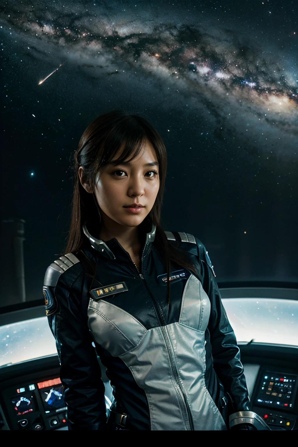 starship, pilot, bridge of starship, Japanese girl, galaxy, outer space