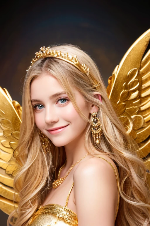 Best Quality,High quality,hight resolution,hyper realistic photography, Raw photography, 1 blonde child, Beautiful 15 year old child on a light background, Angel clothing, has beautiful feathered wings, Spread your wings,Beautiful face, A smile loved by everyone,caricature, Detailed face,Golden Heart Necklace,large boob,Rose hair ornament,golden temple background,Gold coins rain in the background,Bible in one hand,God bless,waves from heaven,
