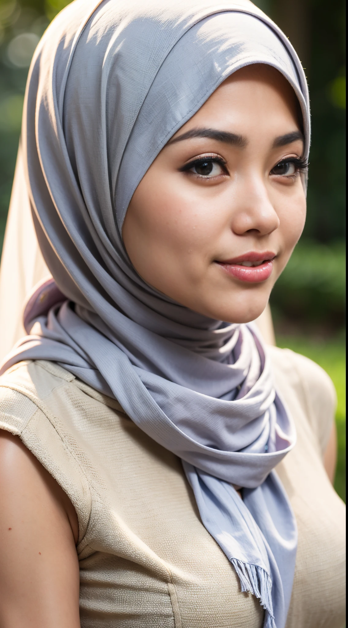 1 malay girl , modern plain hijab,  shy, medium portrait shot , watery  eyes ,lip watery, lip glossy, open mounth, ((big breast)), 1 Malay girl, modern plain hijab, shy, medium portrait, watery eyes, RAW, Best quality, high resolution, masterpiece: 1.3), beautiful Malay woman in hijap:0.8),perfect nose,perfect lips, perfect eyes, detail :1.2), big breast, beautifull face, soft smile,Beautiful woman wearing a hijap,  a woman in a beige dress and a white scarf,  hijab, jessica kumala wongso, handsome girl, lovely smile, lovely woman, with lovely look, with a beautifull smile, cute beautiful