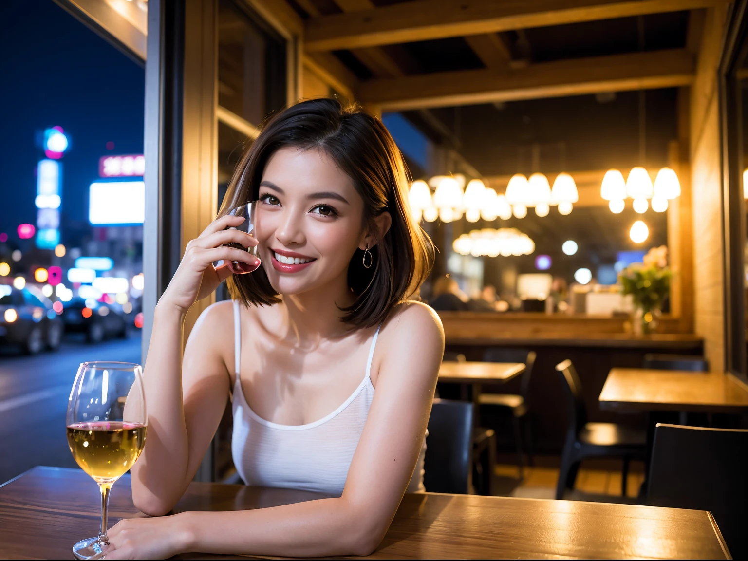 (64k uhd, nffsw, of the highest quality, masutepiece: 1.2), (Realistic, Photorealistic: 1.37), 1 pretty woman, (Slim Face), (Slim body), (Brown hair), (short-cut), cheeks blush a little, (41 years old), 38 years, Solo, A beautiful night view spreads outside the window, restaurant, Wine glass sitting, At night, In a prominent place (from waist up) NovaFrogStyle, actress, Model, waist-up, white wine, slim, wine glasses, Super clean night view, Wine glass placed in the middle, Happy smile, (Smile: 1.15), Beautiful fine eyes, Upper body, Bust Japan Up, Night, Short, Short, actress, Model, waist-up, white wine, slim, wine glasses, Super clean night view, Wine glass placed in the middle, Happy smile,