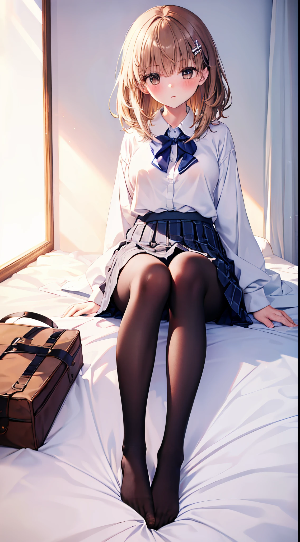 Top quality, masterpiece, insanely detailed, (Full body shot), front view, symmetry, Mature Japanese high school girl, alone, (Solo: 1.3), slender legs, whole body from head to toe, from above, sitting, M-shaped legs, staring at the viewer: 1.3), small breasts, (black pantyhose): 1.2), white panties showing through the stockings, very beautiful *********** girl, no shoes, (Blush: 1.3), Shy big eyes, (Short (brown hairy part), (bangs), messy hair, (hair clip), lying on white sheets, looking at you: 1.3), looking at the camera, white panties visible, white lingerie, high school uniform blazer, high school uniform white blouse, high school uniform blue ribbon, high school uniform plaid and navy pleated skirt, Misaka Mikoto, brown very long hair, brown eyes