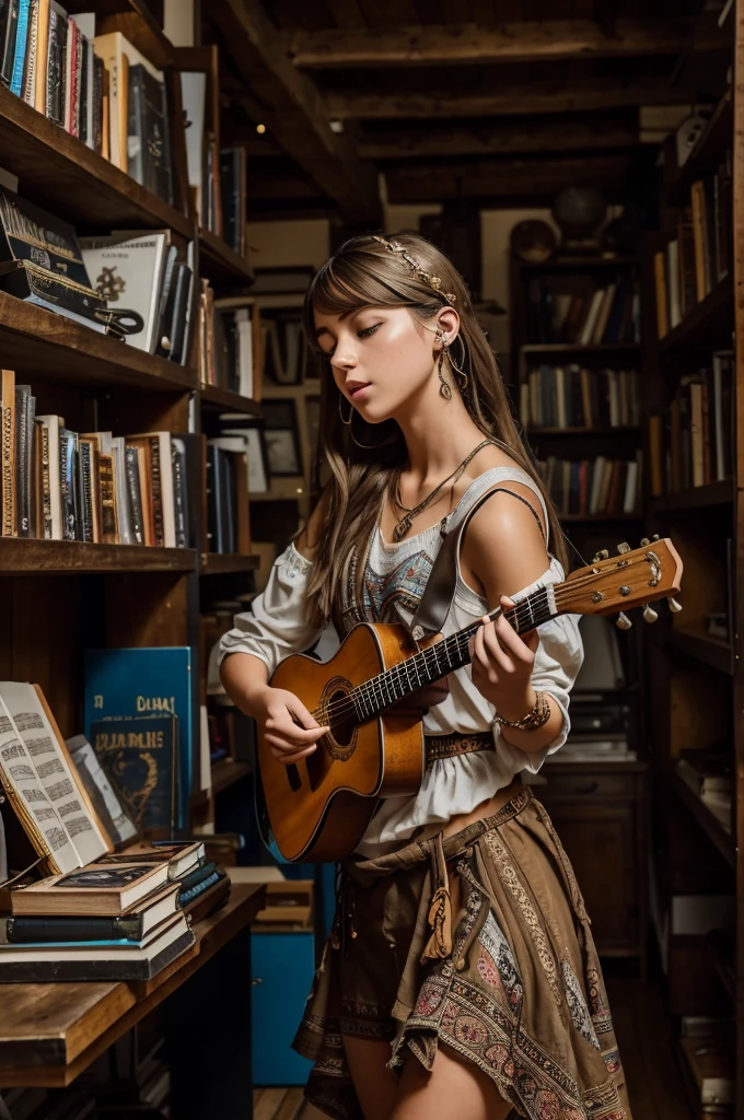 A girl with a unique style, wearing an outfit that mixes dreamlike and urban elements, her light brown hair that flows over her shoulders to her waist,  shines as she plays her majestic guitar, in a music studio full of instruments and shelves of books, ambiente aberto, aconchegante, full of rustic decoration mixed with the beauty of the instruments