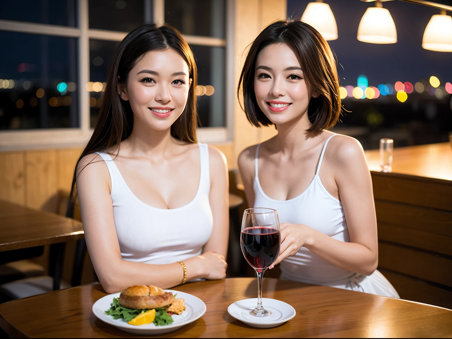 (64k uhd, nffsw, of the highest quality, masutepiece: 1.2), (Realistic, Photorealistic: 1.37), 1 pretty woman, (Slim Face), (Slim body), (Brown hair), (short-cut), cheeks blush a little, (41 years old), 38 years, Solo, A beautiful night view spreads outside the window, restaurant, Wine glass sitting, At night, In a prominent place (from waist up) NovaFrogStyle, actress, Model, waist-up, white wine, slim, wine glasses, Super clean night view, Wine glass placed in the middle, Happy smile, (Smile: 1.15), Beautiful fine eyes, Upper body, Bust Japan Up, Night, Short, Short, actress, Model, waist-up, white wine, slim, wine glasses, Super clean night view, Wine glass placed in the middle, Happy smile,