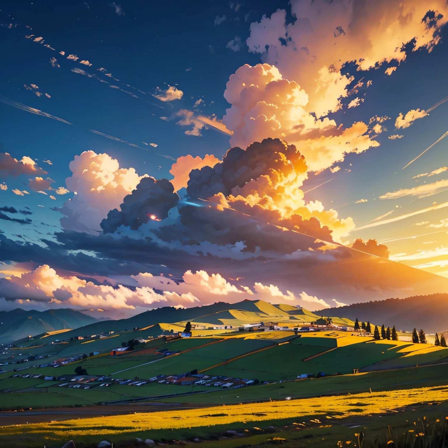 Paisaje atardecer, cielo amarillo, pasto viejo , nubes, twilights
