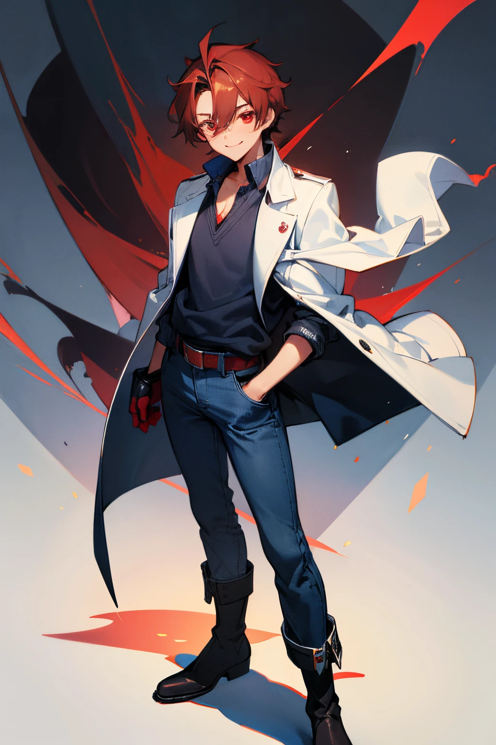 (masterpiece), best quality, boy, 16 years old, tall, dark blue sweater, unbuttoned white lab coat over it, black mitts, light-blue jeans, black boots, brown-red tousled hair, red eyes, wide smile