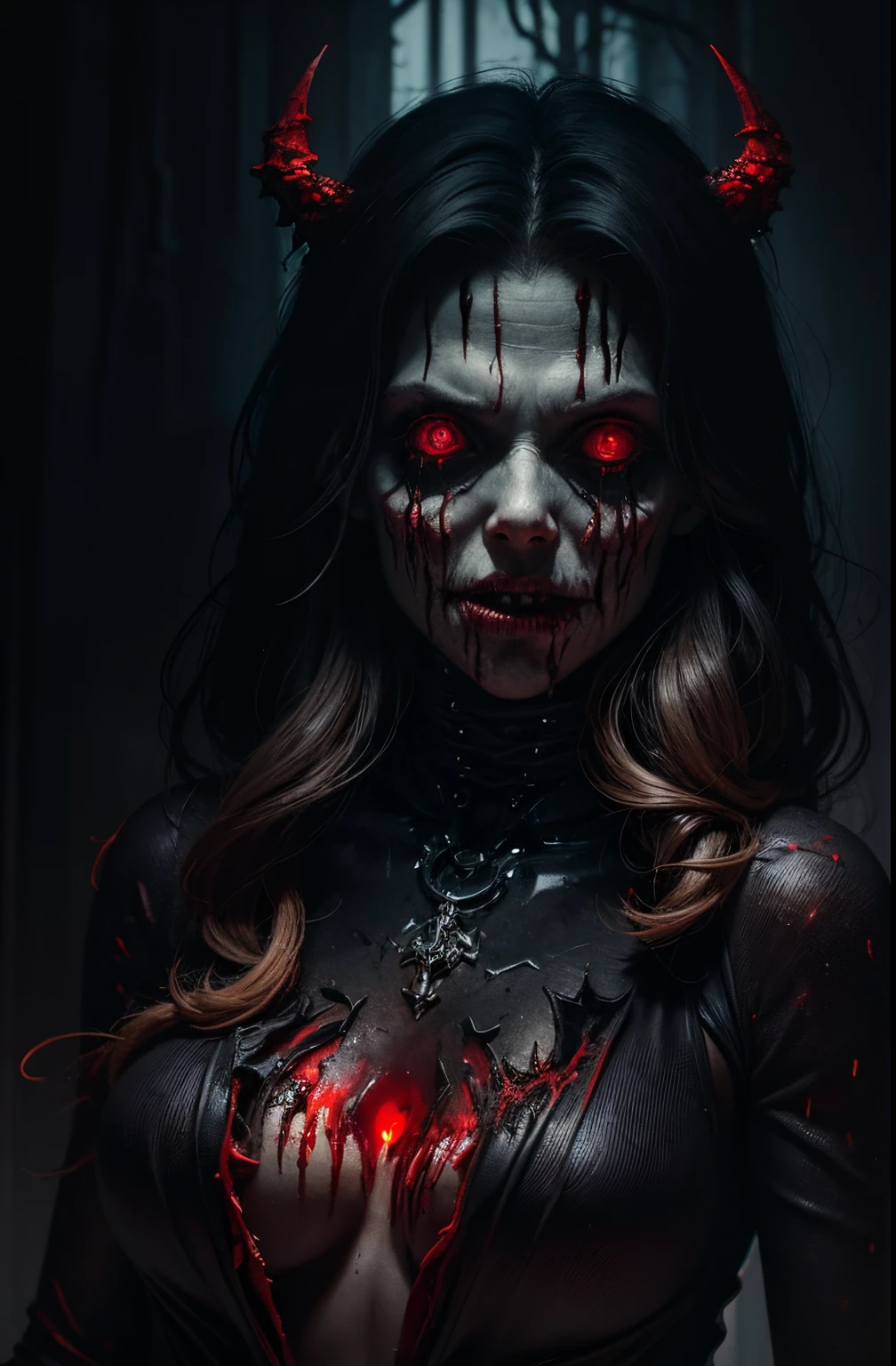 a terrifying mental image of a female figure of pure evil immersed in a hideous and hellish environment, obscure place coming from hell, dark ritual, appearance like a demon with sinister glowing eyes that evoke instant terror, evil beast, fiend, demon, abyss, infernal, nether, damnation, hellish attire that exude an evil glowing aura, flesh, bones, skull, blood, environment around as a hellscape, distorted shadows, agonizing, obscure, terrifying nightmare, horror, demonic presence, gore, grume, slaughter, carnage, butchery, highest quality, 4k, best composition, depth of field, bloom, lens 1.8, 25 mm, masterpiece