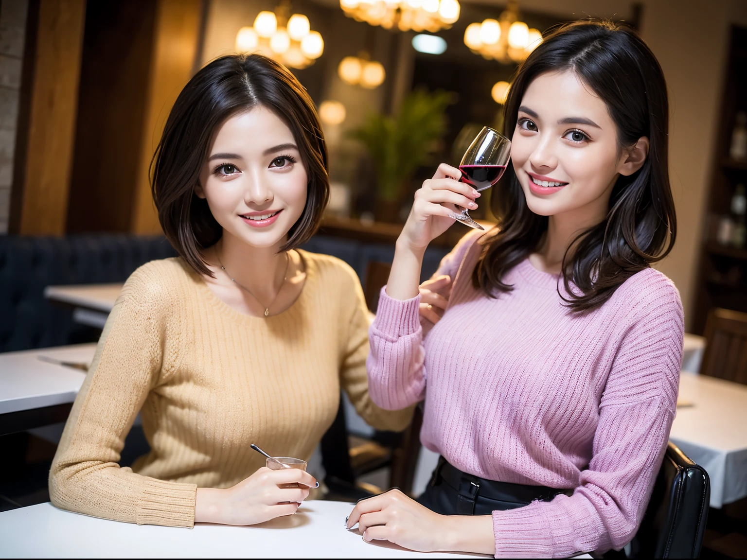 (64k uhd、nffsw、top-quality、​masterpiece:1.2)、(realisitic、Photorealsitic:1.37)、ultra-detailliert、wine glasses、enjoying a glass of wine、a matural female、Two beautiful women、(Slim Faces)、(Slim body)、（brawn hair）、(short-cut)、smiling french woman、happy italian girl、British woman、Americana、blush a little on the cheeks、(38 years)、42 year old、red wine、A beautiful and detailed night view spreads out outside the window.、resturant、Wine glasses in a prominent place、natta、(from waist up)、sitting on、date、(A smile:1.15)、beautiful detailed eyes、Cashmere sweater、long-sleeved dresses、japanes、(short-hair:1.2)、Float NovaFrogStyle、、modeled、from waist up、white wine、Slimed、wine glasses、Super beautiful night view、Put the wine glass in the middle、Happy smile、(8K、Raw photography、top-quality、​masterpiece:1.2)、(realisitic、Photorealsitic:1.37)、ultra-detailliert、超A high resolution、2 females、see the beholder、beautifull detailed face、A smile、Constriction、(Slim waist) :1.3)、knit shirt、Beautiful detailed skin、Skin Texture、floated hair、Professional light needle breast、eyes gentle