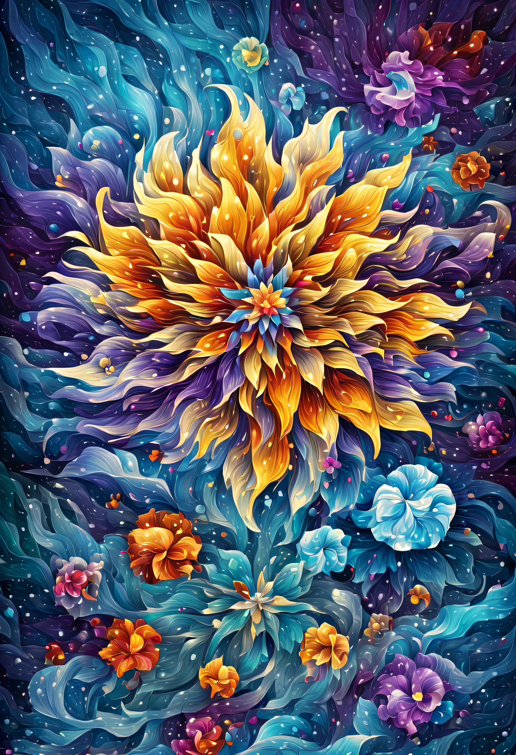 (((flower acrylic painting illustration:1.3))), (((lots crystal glass snow:1.5))), crystal clear image, luminous, in the mesmerizing game concept art landscape, misty winter lake, cool-toned, high angle shot from above, behold a masterpiece of precision and intricacy, stunning attention extremely detail and diverse styles and variations, brought to life with a touch of magic. visual intensity, intricate details showcase, from the mystical world of the heavens, depths of the universe, beautifully abstract and trippy formation of swirling colors and patterns emerges, visually stunning image, kaleidoscope of vibrant and contrasting hues effect, marvel at the intricate brushstrokes and realistic rendering,