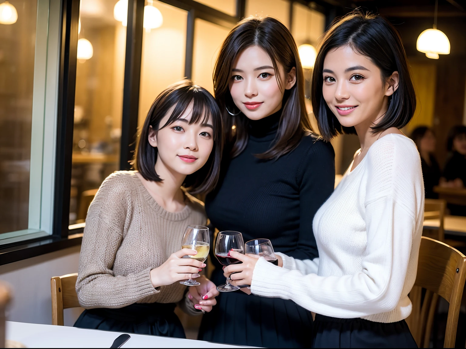 (64k uhd、nffsw、top-quality、​masterpiece:1.2)、(realisitic、Photorealsitic:1.37)、ultra-detailliert、wine glasses、enjoying a glass of wine、a matural female、Two beautiful women、(Slim Faces)、(Slim body)、（brawn hair）、(short-cut)、smiling french woman、happy italian girl、British woman、Americana、blush a little on the cheeks、(38 years)、42 year old、red wine、A beautiful and detailed night view spreads out outside the window.、resturant、Wine glasses in a prominent place、natta、(from waist up)、sitting on、date、(A smile:1.15)、beautiful detailed eyes、Cashmere sweater、long-sleeved dresses、japanes、(short-hair:1.2)、Float NovaFrogStyle、、modeled、from waist up、white wine、Slimed、wine glasses、Super beautiful night view、Put the wine glass in the middle、Happy smile、(8K、Raw photography、top-quality、​masterpiece:1.2)、(realisitic、Photorealsitic:1.37)、ultra-detailliert、超A high resolution、2 females、see the beholder、beautifull detailed face、A smile、Constriction、(Slim waist) :1.3)、knit shirt、Beautiful detailed skin、Skin Texture、floated hair、Professional light needle breast、eyes gentle