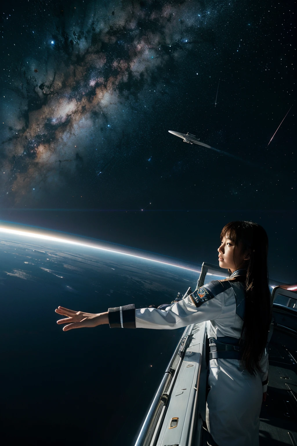 starship, pilot, bridge of starship, Japanese girl, galaxy, outer space