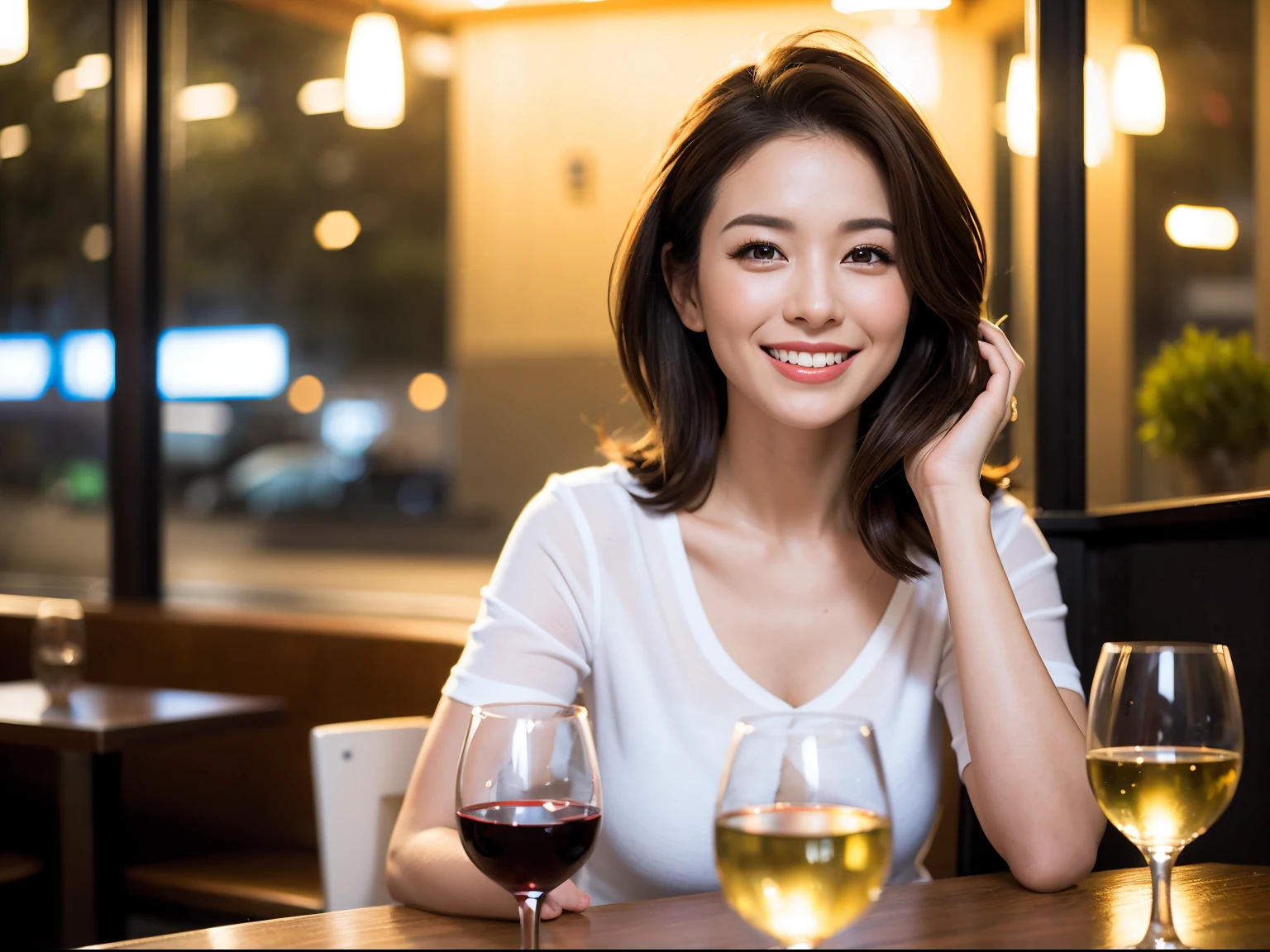(64k uhd, nffsw, of the highest quality, masutepiece: 1.2), (Realistic, Photorealistic: 1.37), Pretty Woman 1, (Slim Face), (Slim body), (Brown hair), (short-cut), cheeks blush a little, (40 years old), 38 years, Solo, A beautiful and detailed night view spreads out outside the window...., restaurant, Sitting in a wine glass, At night, In a prominent place (from waist up) NovaFrogStyle, actress, Model, waist-up, white wine, slim, wine glasses, Super clean night view, Wine glass placed in the middle, Happy smile, (Smile: 1.15), Beautiful fine eyes, Upper body, Bust Japan Up, Night, Short, Short, actress, Model, waist-up, white wine, slim, wine glasses, Super clean night view, Wine glass placed in the middle, Happy smile,