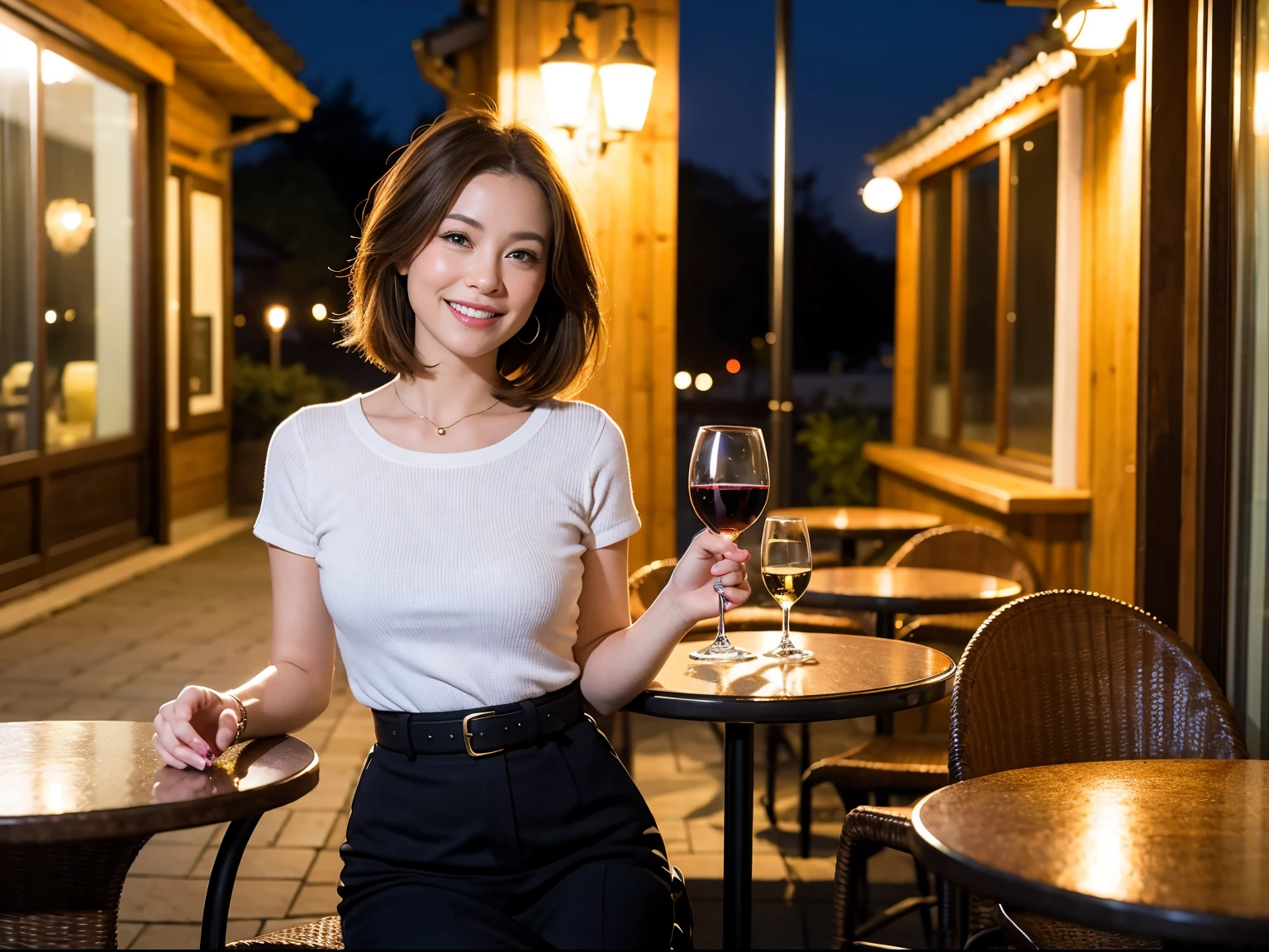 (64k uhd, nffsw, of the highest quality, masutepiece: 1.2), (Realistic, Photorealistic: 1.37), Pretty Woman 1, (Slim Face), (Slim body), (Brown hair), (short-cut), cheeks blush a little, (40 years old), 38 years, Solo, A beautiful and detailed night view spreads out outside the window...., restaurant, Sitting in a wine glass, At night, In a prominent place (from waist up) NovaFrogStyle, actress, Model, waist-up, white wine, slim, wine glasses, Super clean night view, Wine glass placed in the middle, Happy smile, (Smile: 1.15), Beautiful fine eyes, Upper body, Bust Japan Up, Night, Short, Short, actress, Model, waist-up, white wine, slim, wine glasses, Super clean night view, Wine glass placed in the middle, Happy smile,