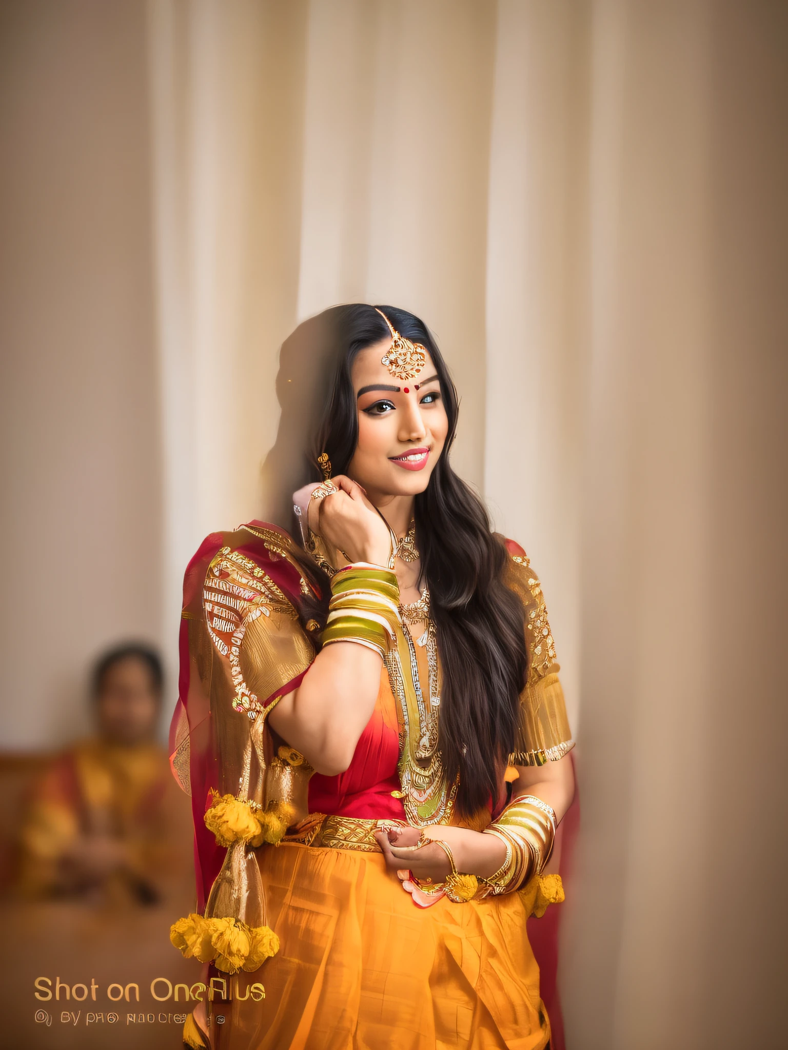 araffe woman in traditional indian dress posing for a picture, assamese aesthetic, wearing an elegant tribal outfit, wearing bihu dress mekhela sador, traditional beauty, wearing traditional garb, beautiful young himalayan woman, traditional clothes, traditional dress, young himalayan woman, traditional costume, traditional makeup, wearing an ornate outfit, assamese