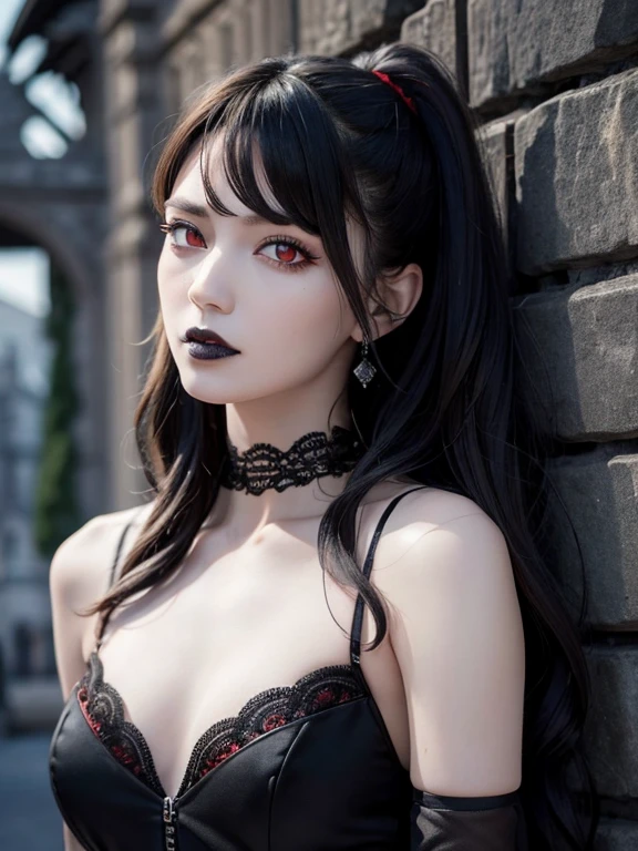 8K, masutepiece, Best Quality, Photorealistic, Raw photo, Ultra high definition, 1 woman, (Red Eyes:1.4), long messy black hair, pale skin, medium breasts, Very low cut sheer black gothic dress with lace trim, black lace choker with diamond pendant, Stand against the wall, A look of contempt for the viewer, head tilted downward, eyes looking at viewer, Open your mouth slightly, (black lipstick), she has a rose in her right hand, medieval castle wall background