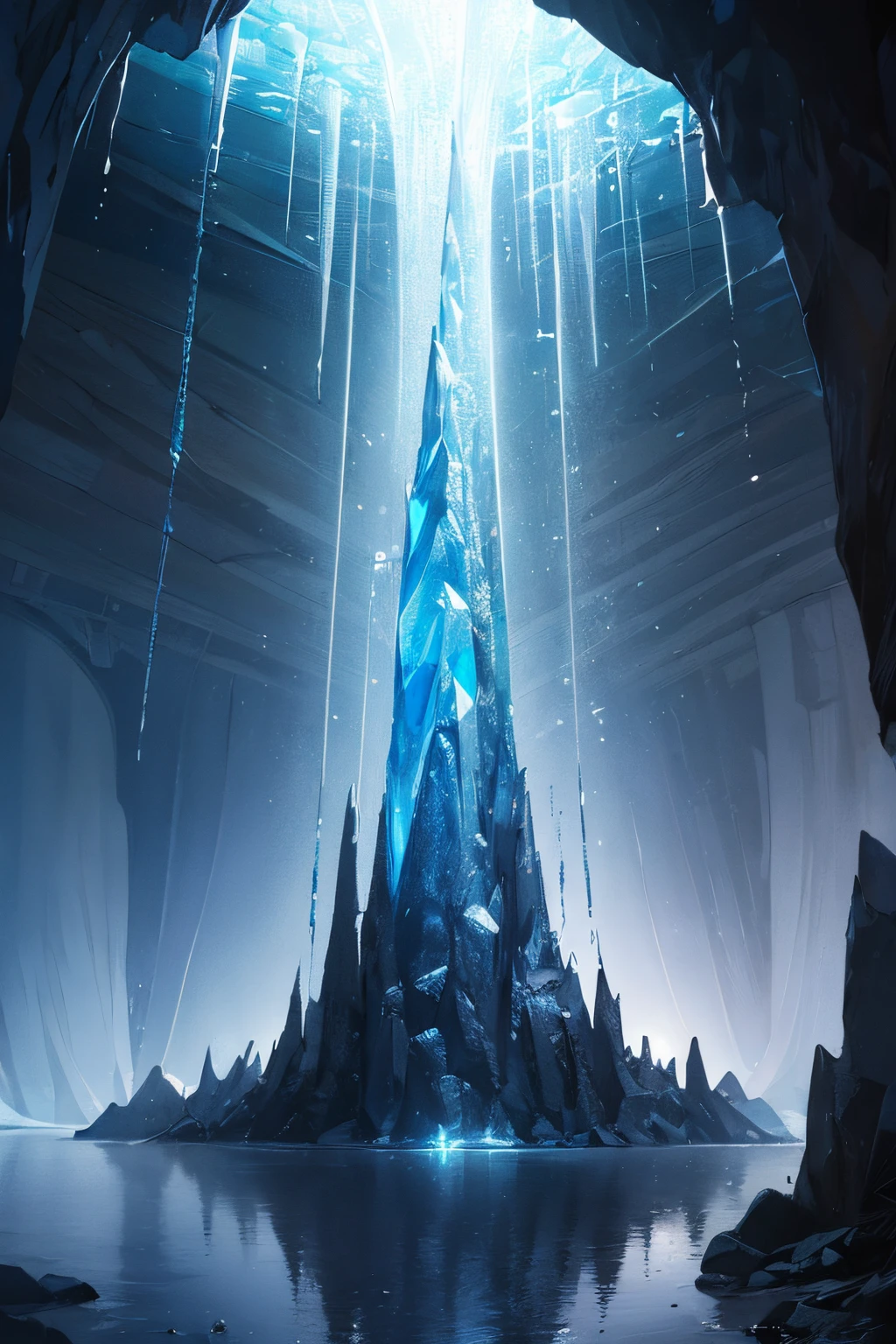 Within a dark crystal cave with an opening at the top, zenithal lighting, bright crystal gently illuminating, (dramatic light:1.3), translucent crystal, rainbow crystal, colorful crystal, (masterpiece), cinematic rendering, sharp focus, Landscape, wide shot,