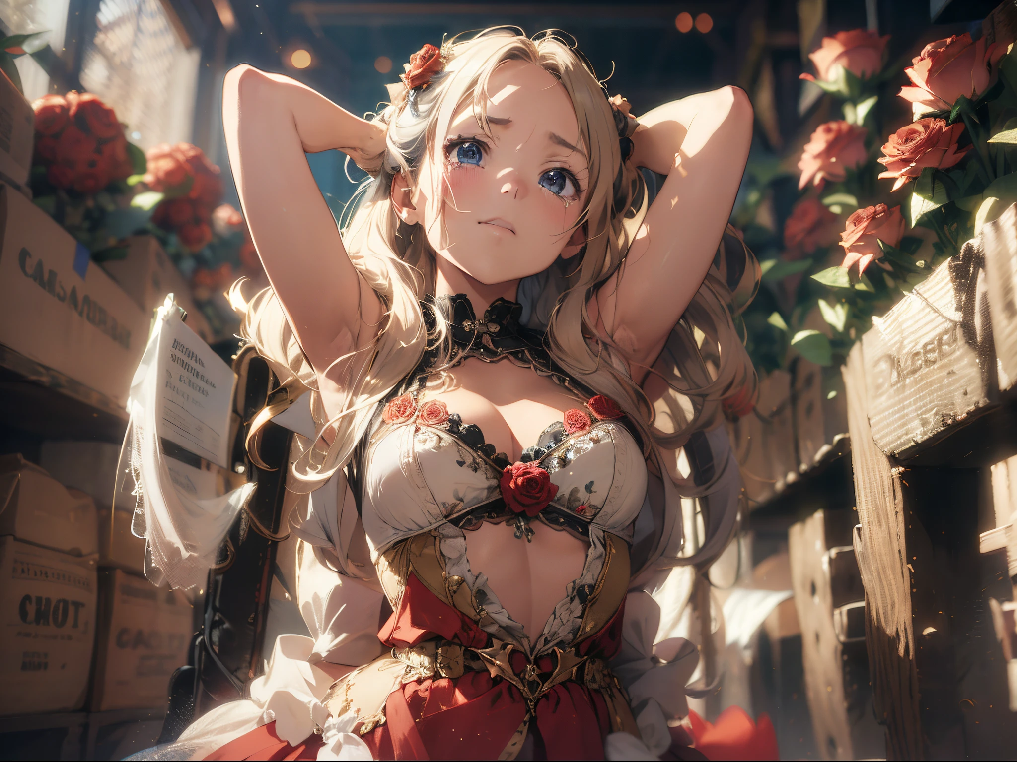 (The highest image quality, master piece:1.2), (Ultra Definition Illustration), (very beautiful matured queen, 45yo:1.3), (captured, prison), rpgroyal, (sleeveless gorgeous queen red dress with roses:1.3), (armpits), arms behind head, blond wavy hair, (embarrassed, crying),