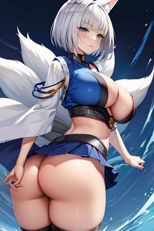 masterpiece, best quality, KagaV4, 1girl, solo, breasts, short hair, blue eyes, skirt, large breasts, animal ears, cleavage, tail, white hair, japanese clothes, wide sleeves, blue skirt, fox ears, fox tail, fox girl, multiple tails, hakama, white kimono, hakama short skirt,  big breast, H-cup, good breast, beautiful, gorgeous,anime,girl,lora, nipple visible though clothes,ph, ass,ass focus, looking back, big ass, large ass, good ass, huge ass, (big ass:1.8), (large ass:1.2), (huge large ass:1.22), (huge big ass:1.4)