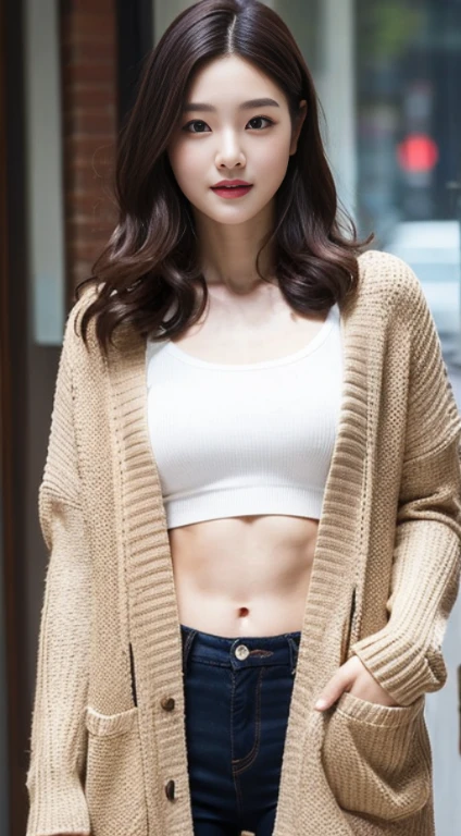 A woman with the same face as last time，Slender Abs、Loose wavy styling、Cardigan、Beautifully expressed in every detail., Including face and skin texture.，Detailed eyes，Seducting look、full body Esbian