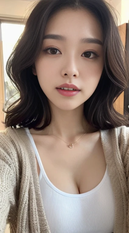 A woman with the same face as last time,Slender Abs、Loose wavy styling、Cardigan、Beautifully expressed in every detail., Including face and skin texture.,Detailed eyes,Seducting look、full body Esbian
