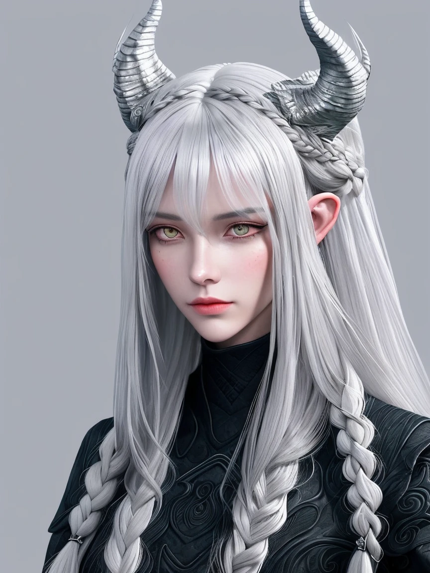 Full-length dragon girl, Tall stature, Toned physique. Long white hair braided, asymmetrical bangs. gray eyes. Black clothes with scaly patterns. Silver Horns on the head, Long Silver Dragon Tail. Silvery scales on the face. A silver fire burns around, pointed ears