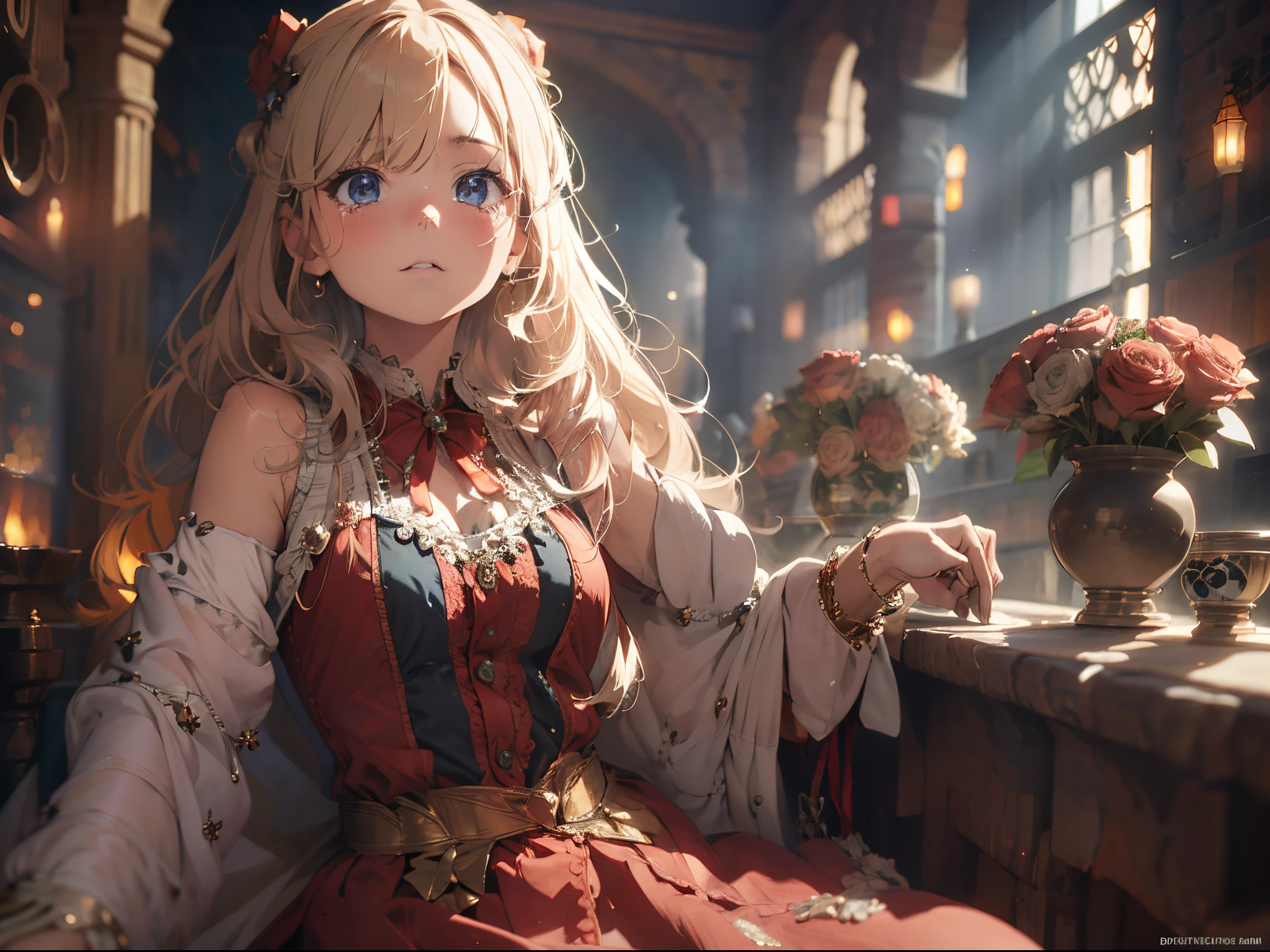 masterpiece,best quality,highres,cinematic lighting,dramatic angle,1girl,<lora:ShadowverseGingerV2-000030:0.8:lbw=jiangshi3>,blonde hair,hair bun,bangs,red eyes,nightgown,collarbone,see-through,lace trim,looking at viewer,blush,shy,embarrassed,smile,parted lips,head tilt,(shushing:1.3), hand on own mouth,indoors,bedroom,bed,(close-up,portrait:1.2),(facing viewer,straight-on:1.4),kneeling on bed