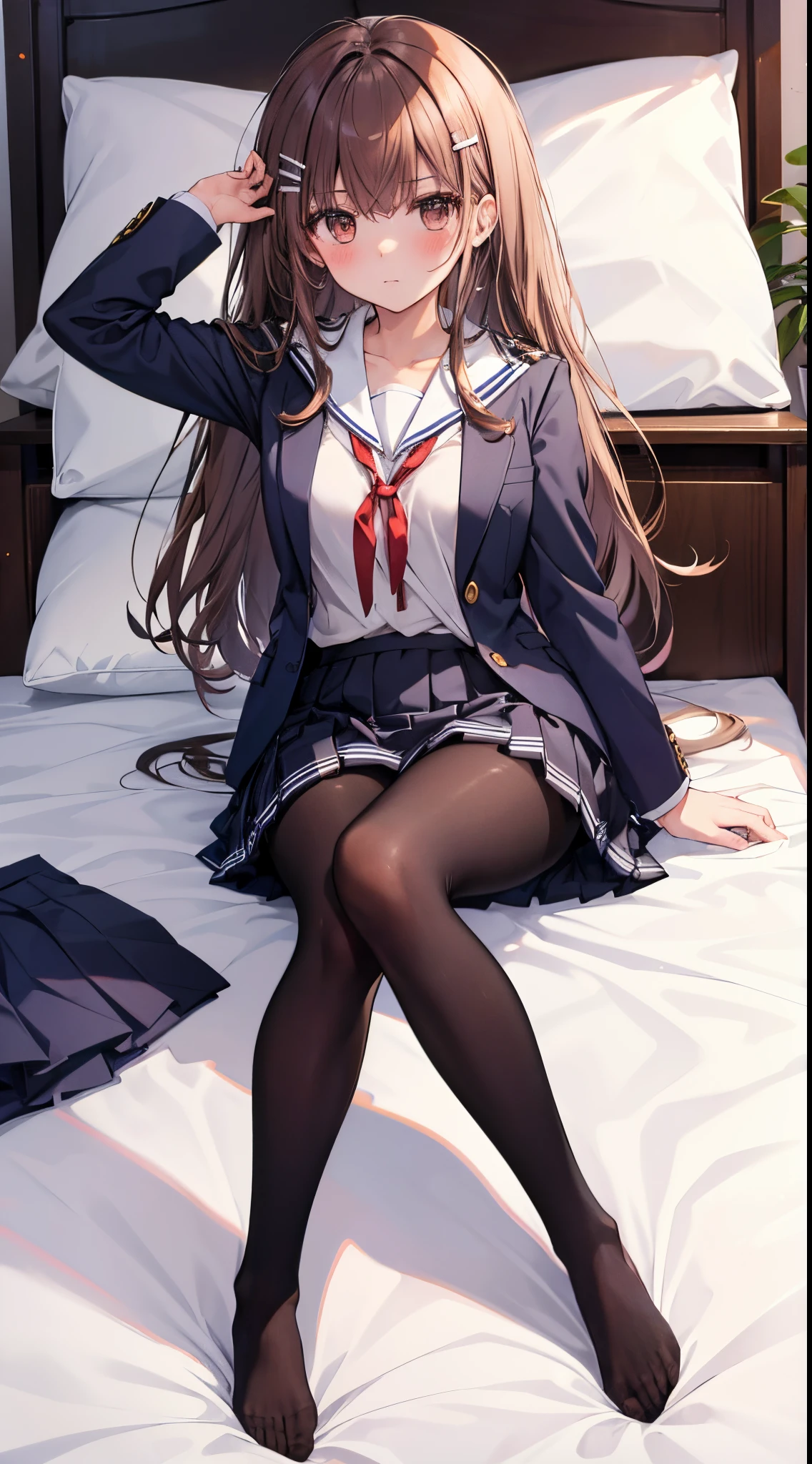 Top quality, masterpiece, insanely detailed, (Full body shot), front view, symmetry, Mature Japanese high school girl, alone, (Solo: 1.3), slender legs, whole body from head to toe, from above, sitting, M-shaped legs, staring at the viewer: 1.3), small breasts, (black pantyhose): 1.2), white panties showing through the stockings, very beautiful  girl, no shoes, (Blush: 1.3), Shy big eyes, (Short (brown hairy part), (bangs), messy hair, (hair clip), lying on white sheets, looking at you: 1.3), looking at the camera, white panties visible, white lingerie, high school uniform blazer, high school uniform white blouse, high school uniform blue ribbon, high school uniform plaid and navy pleated skirt, Misaka Mikoto, brown very long hair, brown eyes