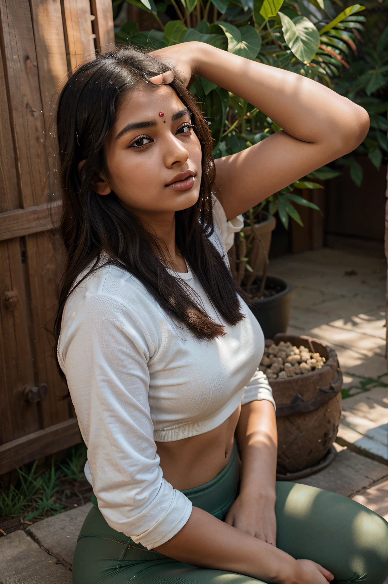 An Indian dusky girl, age of 24, being divine, wearing yoga pants, looking beautiful, calmed sitting and meditating