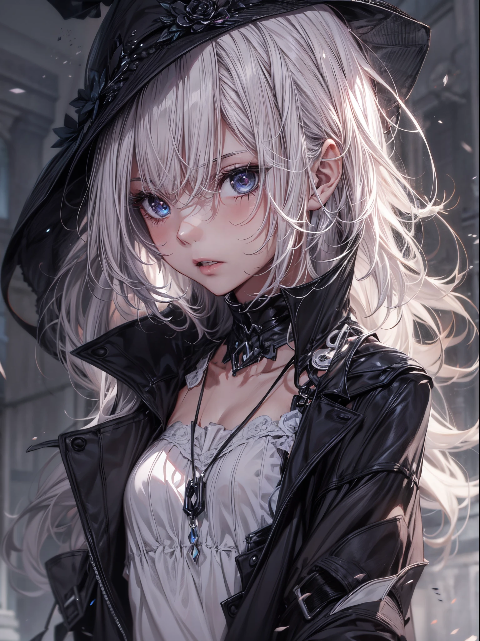 modern chic, intense, multi-layered, gothic hardcore, asymmetry, unemotional, 1 anime fragile girl, pale skin, black nail, sunken eyes, ultra dynamic angle, ultra dynamic posture, ultra detailed, 8k.
