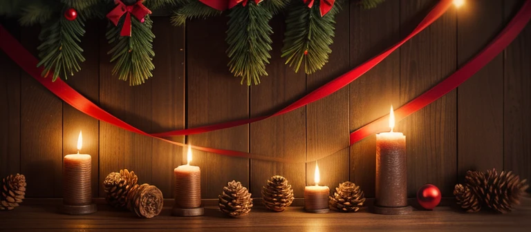 Christmas garland made from pine branches, red ribbons, Pine cones, Dark background, high resolution, hiquality, higly detailed