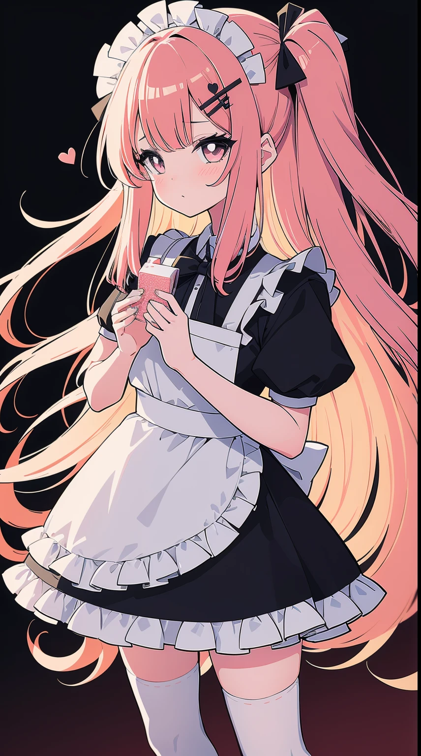 1girl, apron, bow, cube hair ornament, dress, frills, gloom (expression), hair ornament, heart, heart hands, long hair, looking away, maid, maid apron, maid headdress, mary janes, one side up, pink hair, shaded face, shoes, short dress, solo, sweatdrop, thighhighs, white thighhighs