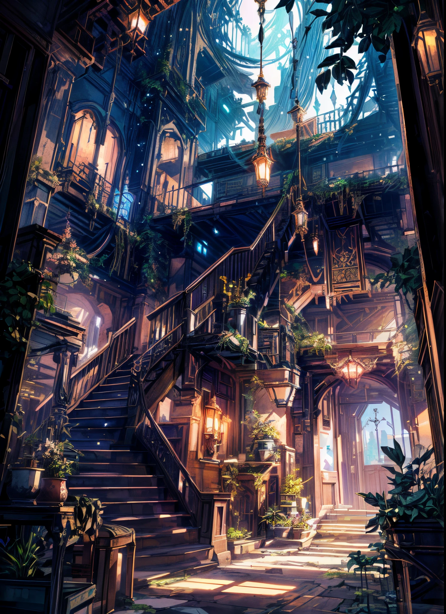 there a staircase leading to a building with a lot of plants, anime scenery concept art, library of ruina concept art, detailed 4k concept art, hyperdetailed concept art, magical environment, beautiful concept art, 8 k high detail concept art, environment design illustration, relaxing concept art, anime background art, stylized fantasy artwork, concept art