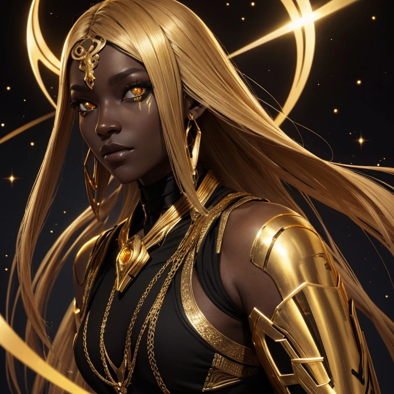 A beautiful female humanoid alien character that has black skin and glowing golden eyes. She looks a bit androgynous and has has textured golden hair and gold tattoos
